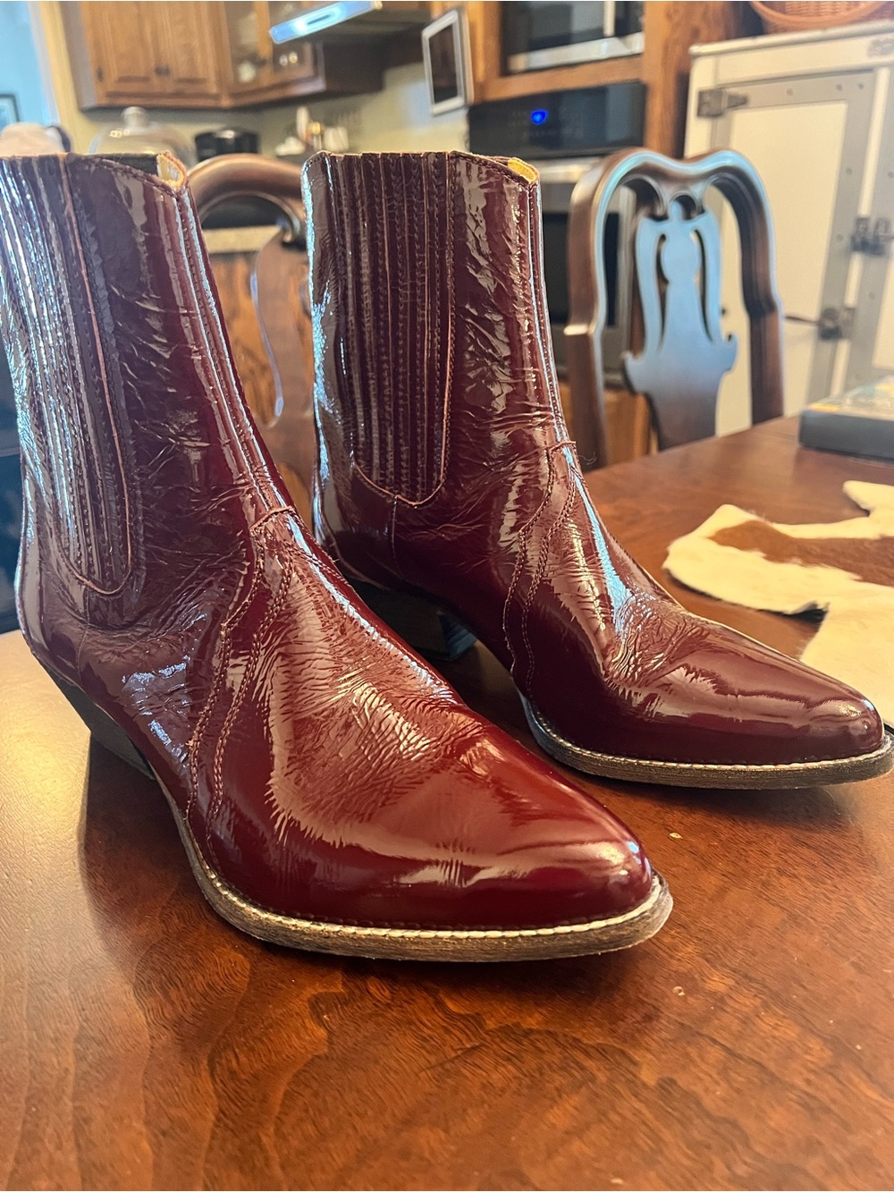 Free People Burgundy Patent Leather Western Ankle Boots